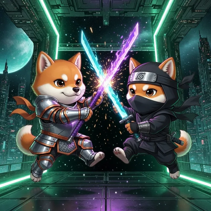 Shiba warriors facing off in an arcade scene